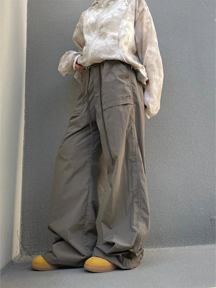 Juniors Black Oversized Parachute Pants Women Wide Cargo Trousers Japanese Style Casual Pleated Joggers Streetwear Vintage Y2k