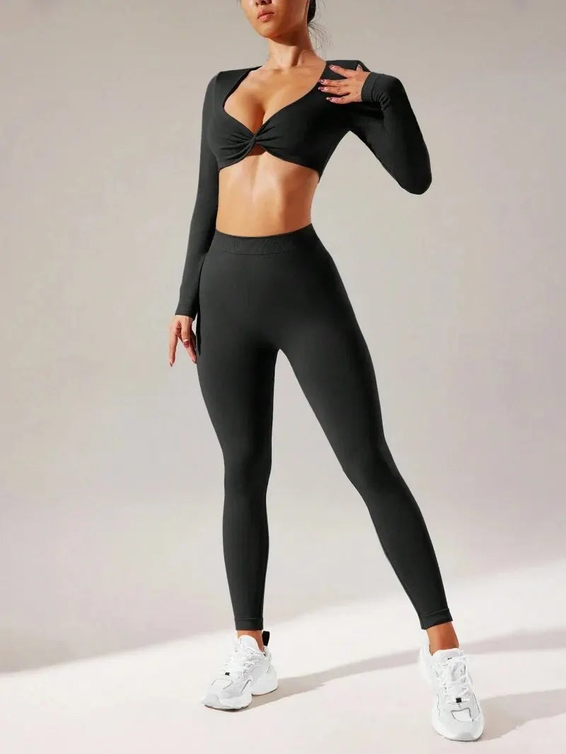 Stunning Seemless Long Sleeve Crop Top With High Waisted Scrunch Booty Fitness Workout Set