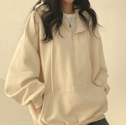 Oversized Loose Fit Half Zip Sweatshirt With Kangaroo Pocket