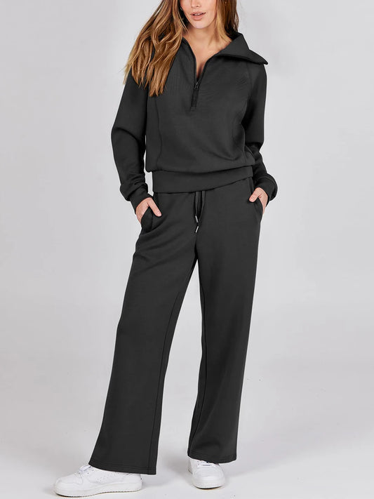 Two Piece Quater Zip Pullover With High Waisted Wide Leg Sweatpants Set