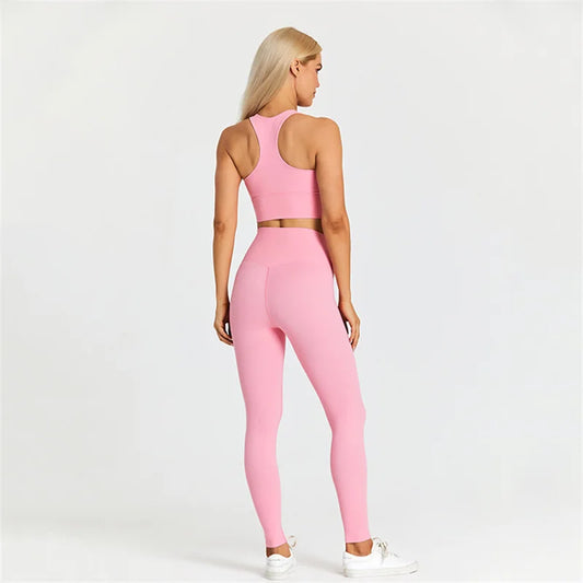 Chic Comfy Racer Back Crop Top With Leggings Compression Yoga Gym Set