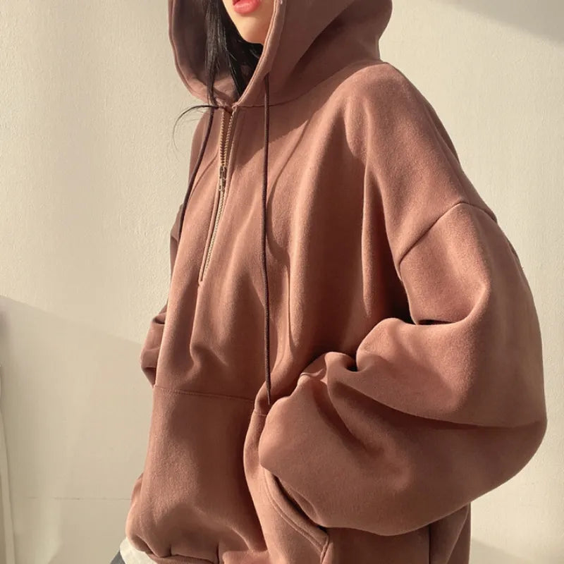 Oversized Loose Fit Half Zip Sweatshirt With Kangaroo Pocket