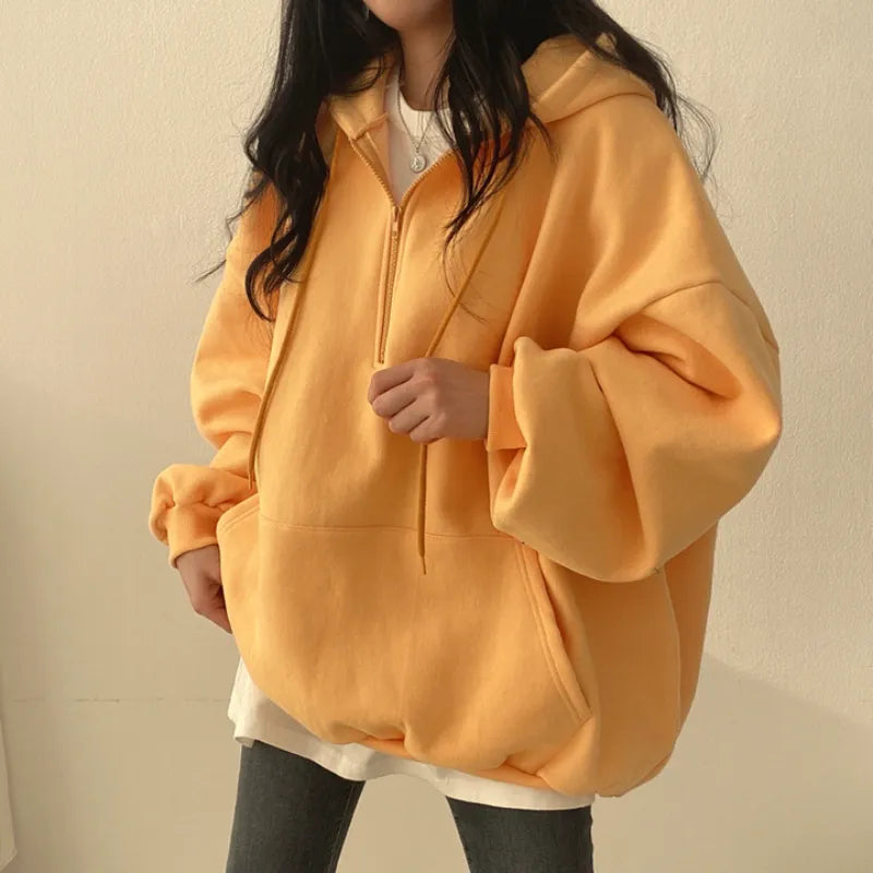 Oversized Loose Fit Half Zip Sweatshirt With Kangaroo Pocket