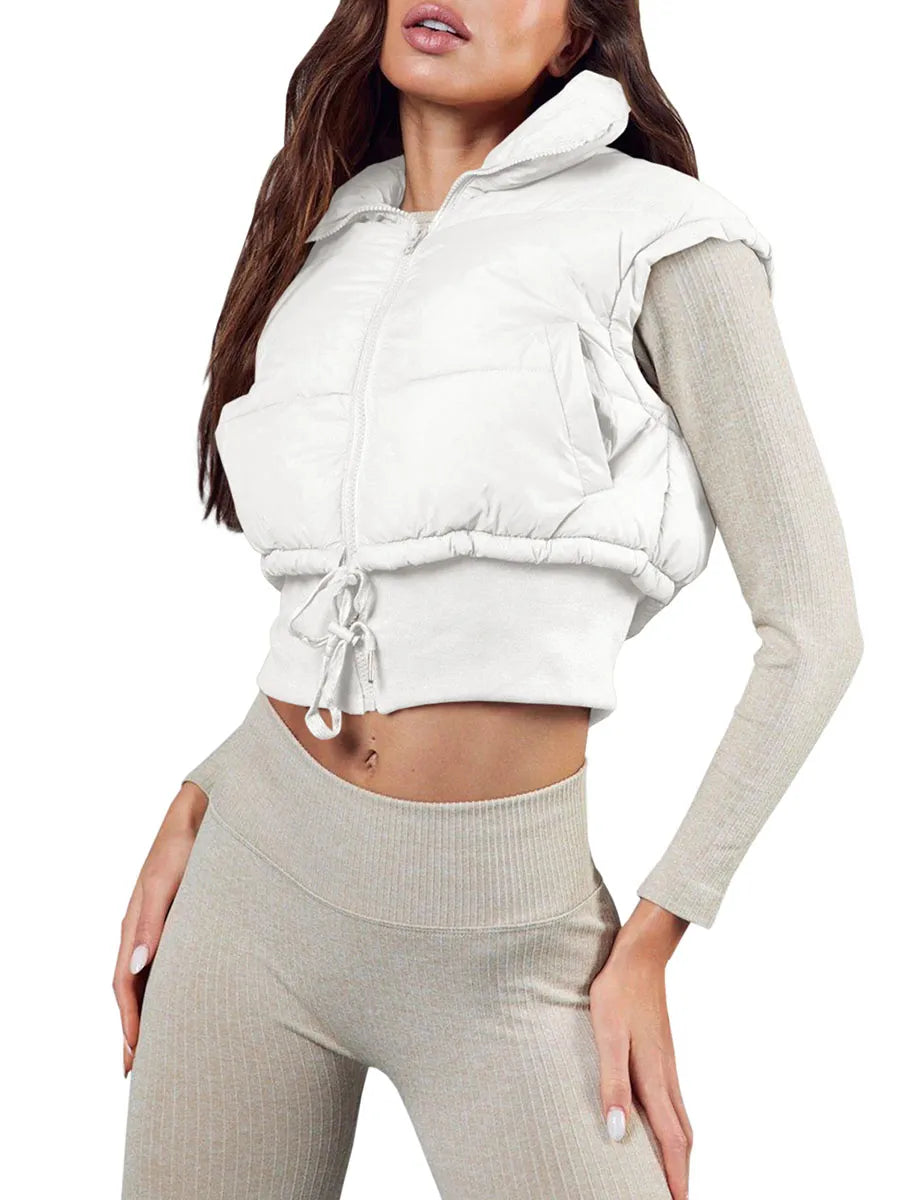 Cozy Warm Sleeveless Crop Full Zip Puffer Vest With Hood And Drawstring To Synch Waist