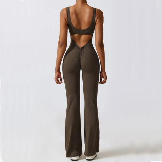 Peek-A-Boo Back Flared Fitness Jumpsuit