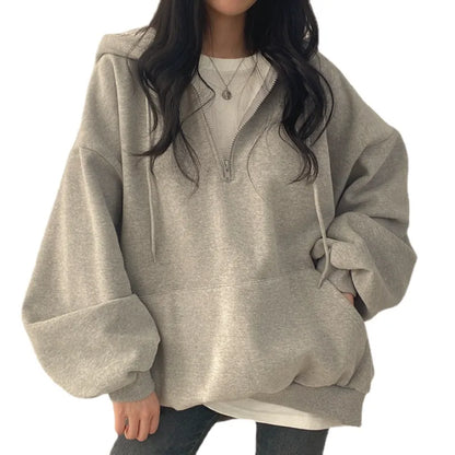 Oversized Loose Fit Half Zip Sweatshirt With Kangaroo Pocket