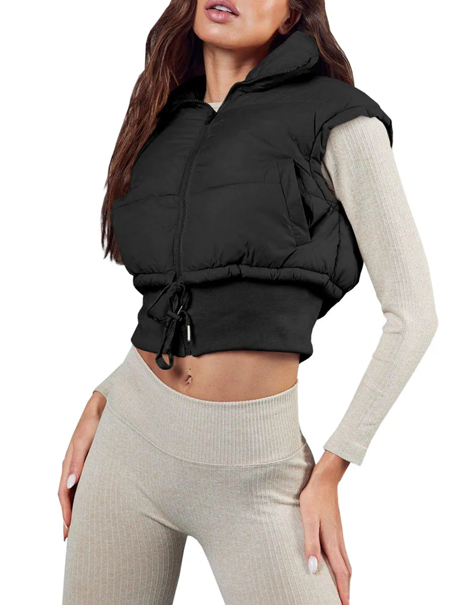 Cozy Warm Sleeveless Crop Full Zip Puffer Vest With Hood And Drawstring To Synch Waist