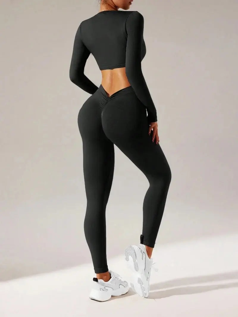 Stunning Seemless Long Sleeve Crop Top With High Waisted Scrunch Booty Fitness Workout Set