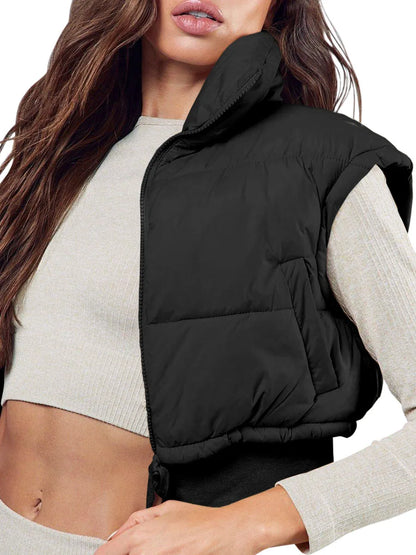 Cozy Warm Sleeveless Crop Full Zip Puffer Vest With Hood And Drawstring To Synch Waist