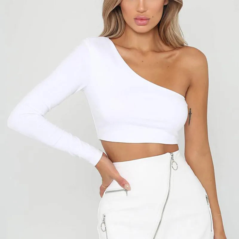 Stunning Off The Shoulder One Sleeve Bodycon Crop Top