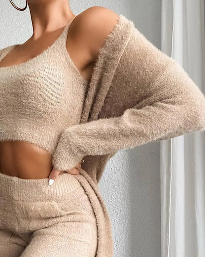 Cozy Extra Stretch Three Piece Fleece Lounge Set Including Crop Bralette Long Draping Sweater And Bodycon Matching Sweats