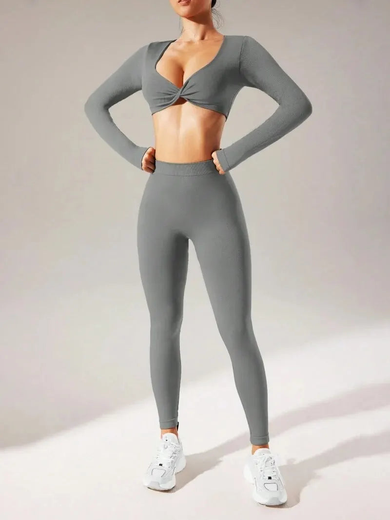 Stunning Seemless Long Sleeve Crop Top With High Waisted Scrunch Booty Fitness Workout Set