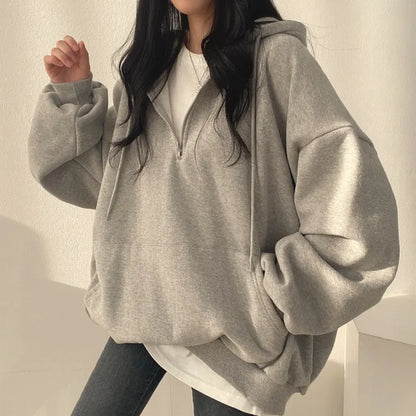 Oversized Loose Fit Half Zip Sweatshirt With Kangaroo Pocket